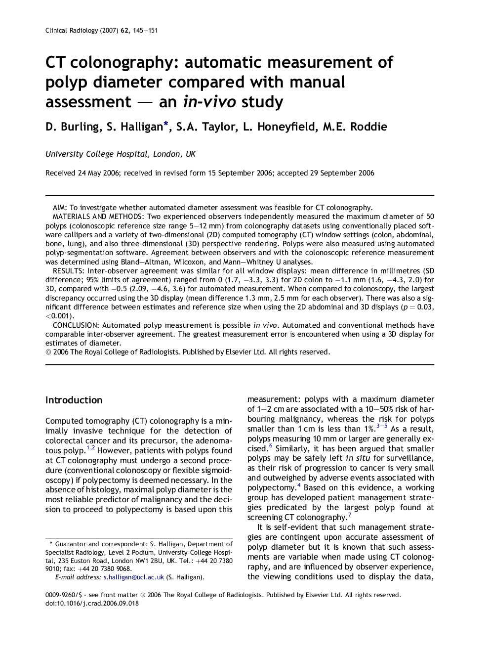 CT colonography: automatic measurement of polyp diameter compared with manual assessment — an in-vivo study