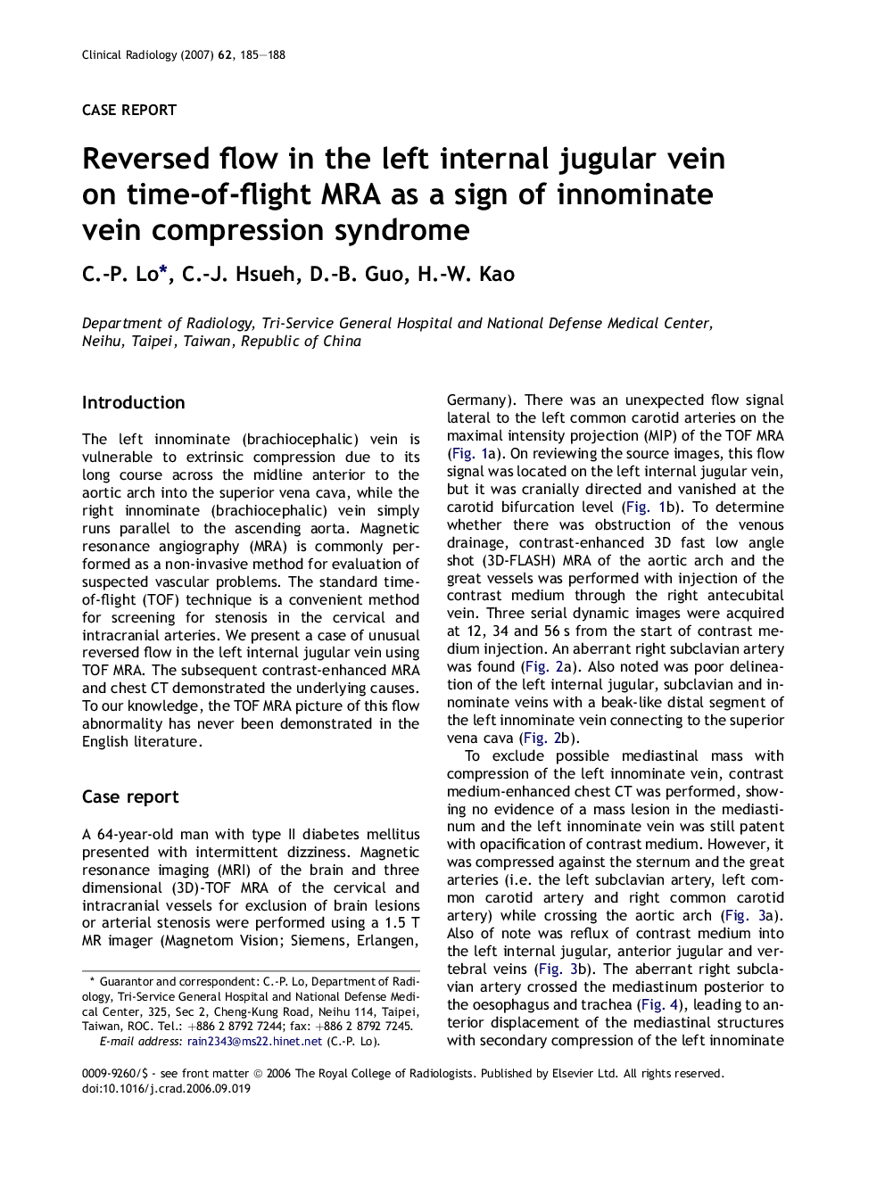 Reversed flow in the left internal jugular vein on time-of-flight MRA as a sign of innominate vein compression syndrome