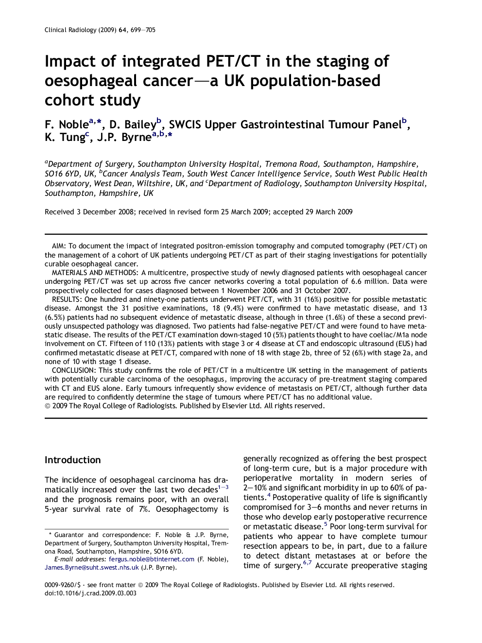 Impact of integrated PET/CT in the staging of oesophageal cancer—a UK population-based cohort study