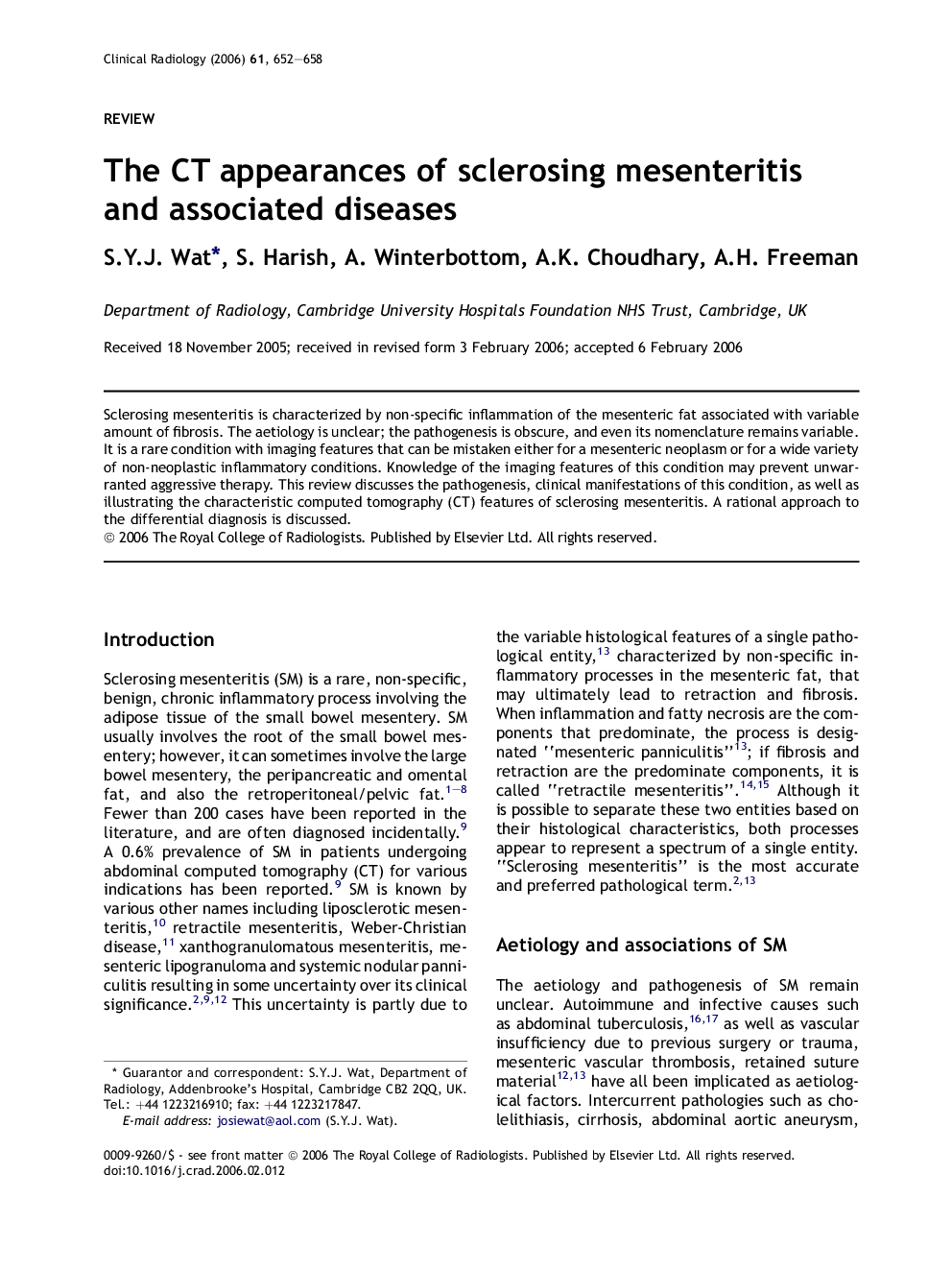 The CT appearances of sclerosing mesenteritis and associated diseases