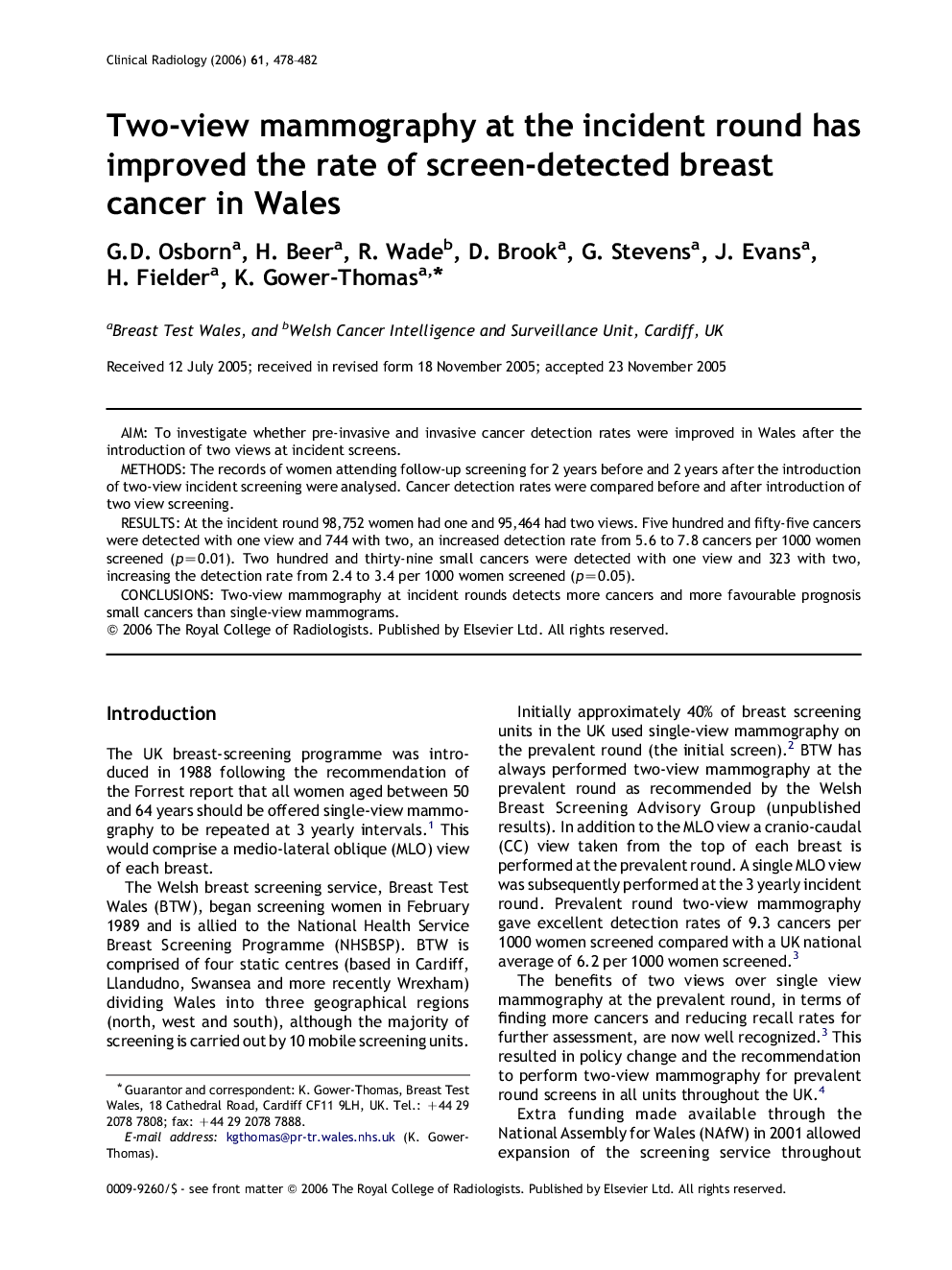 Two-view mammography at the incident round has improved the rate of screen-detected breast cancer in Wales