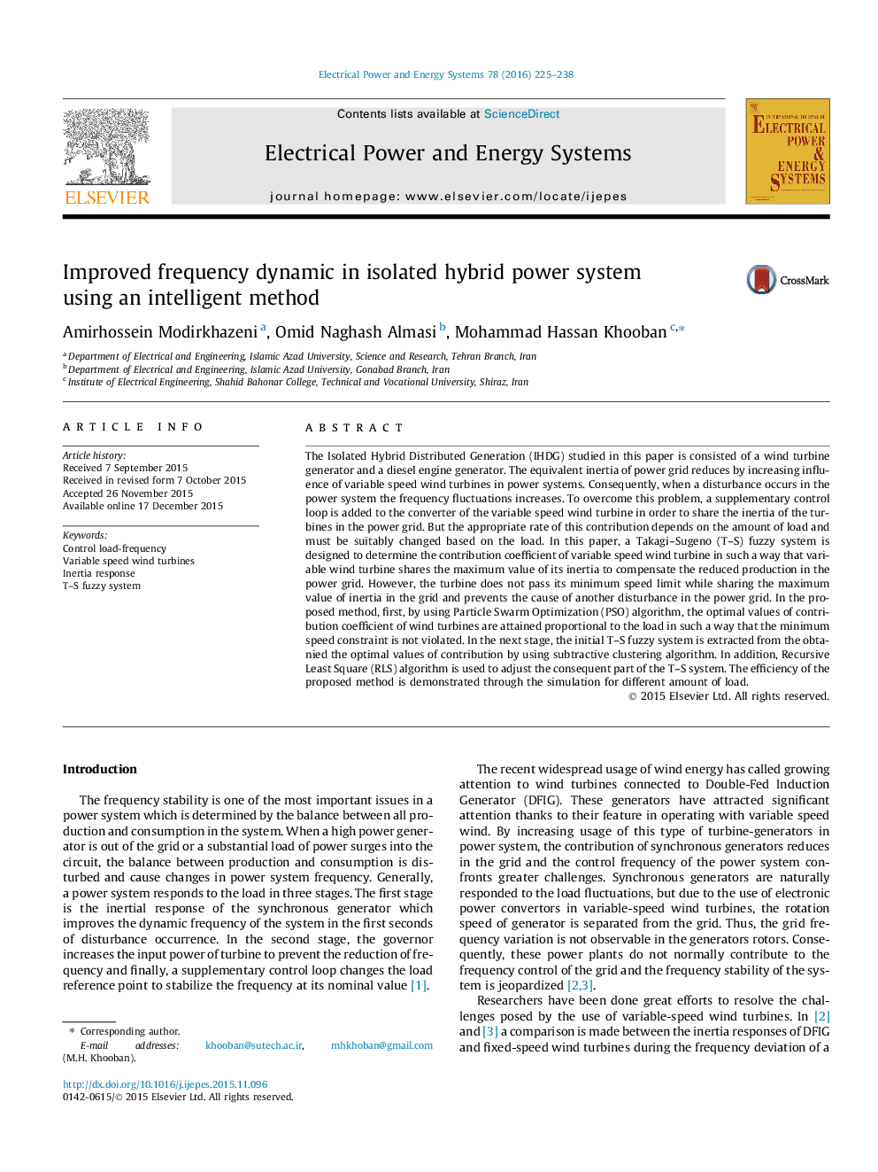 Improved frequency dynamic in isolated hybrid power system using an intelligent method