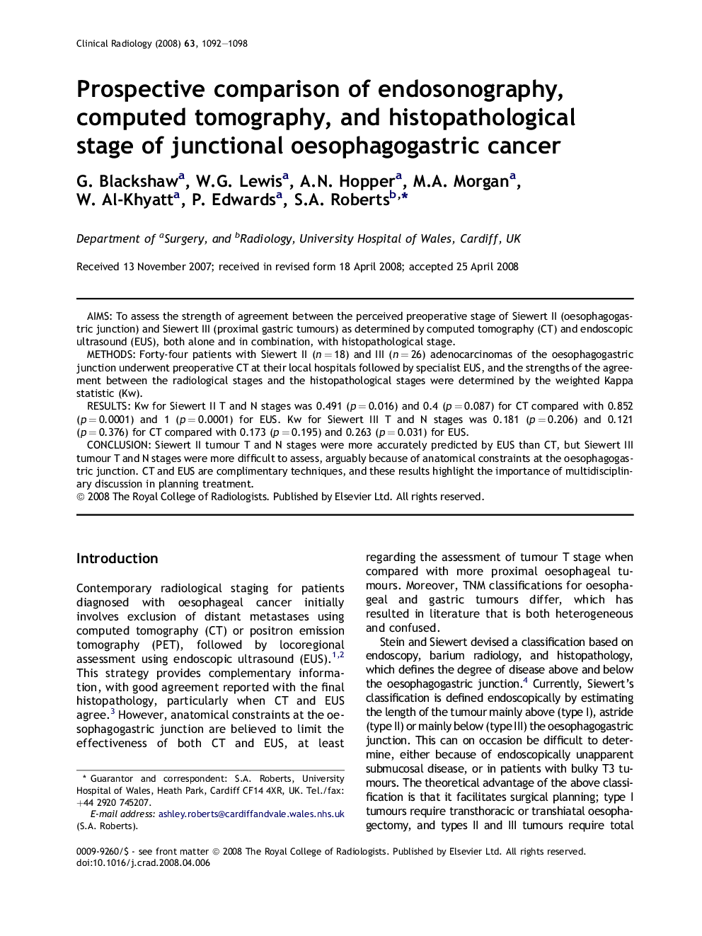 Prospective comparison of endosonography, computed tomography, and histopathological stage of junctional oesophagogastric cancer