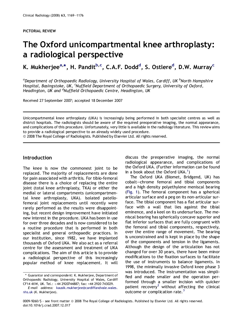 The Oxford unicompartmental knee arthroplasty: a radiological perspective