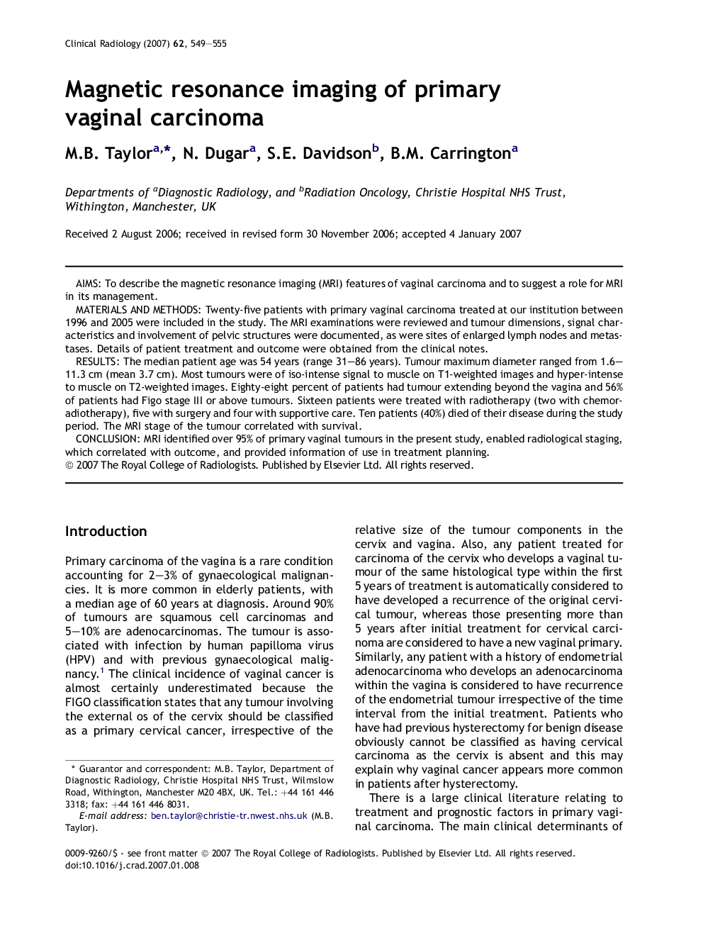 Magnetic resonance imaging of primary vaginal carcinoma