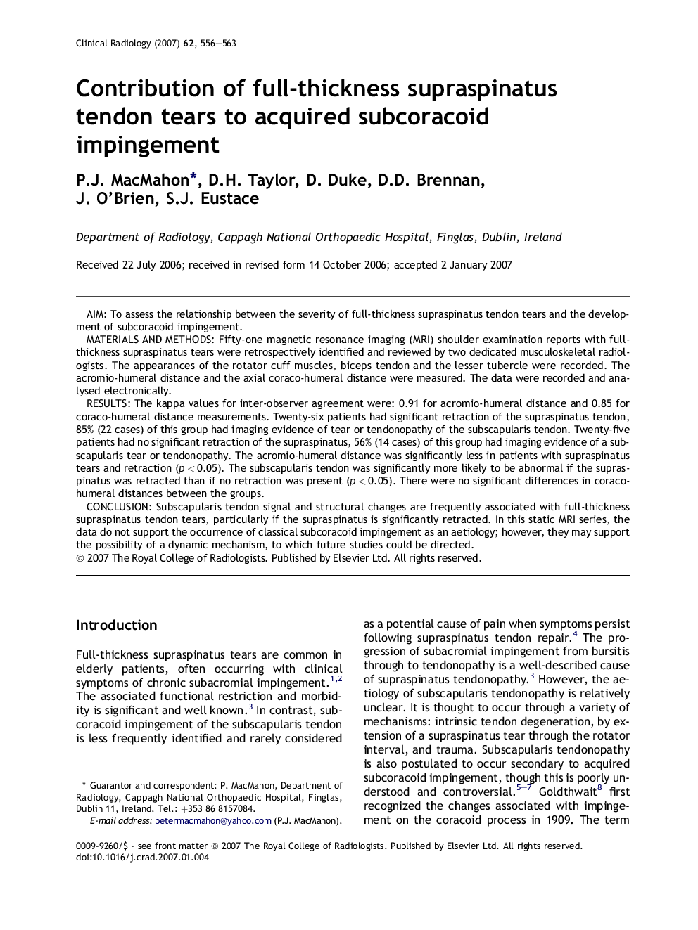 Contribution of full-thickness supraspinatus tendon tears to acquired subcoracoid impingement