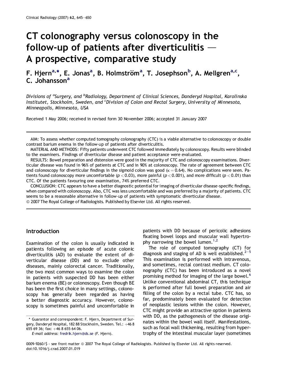 CT colonography versus colonoscopy in the follow-up of patients after diverticulitis — A prospective, comparative study