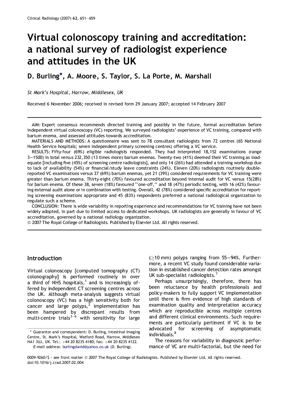 Virtual colonoscopy training and accreditation: a national survey of radiologist experience and attitudes in the UK