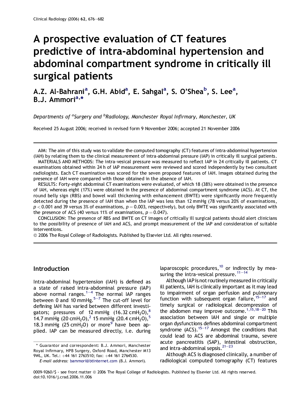 A prospective evaluation of CT features predictive of intra-abdominal hypertension and abdominal compartment syndrome in critically ill surgical patients