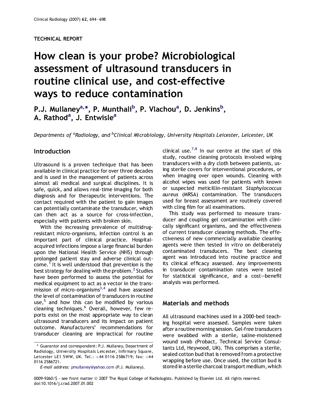 How clean is your probe? Microbiological assessment of ultrasound transducers in routine clinical use, and cost-effective ways to reduce contamination