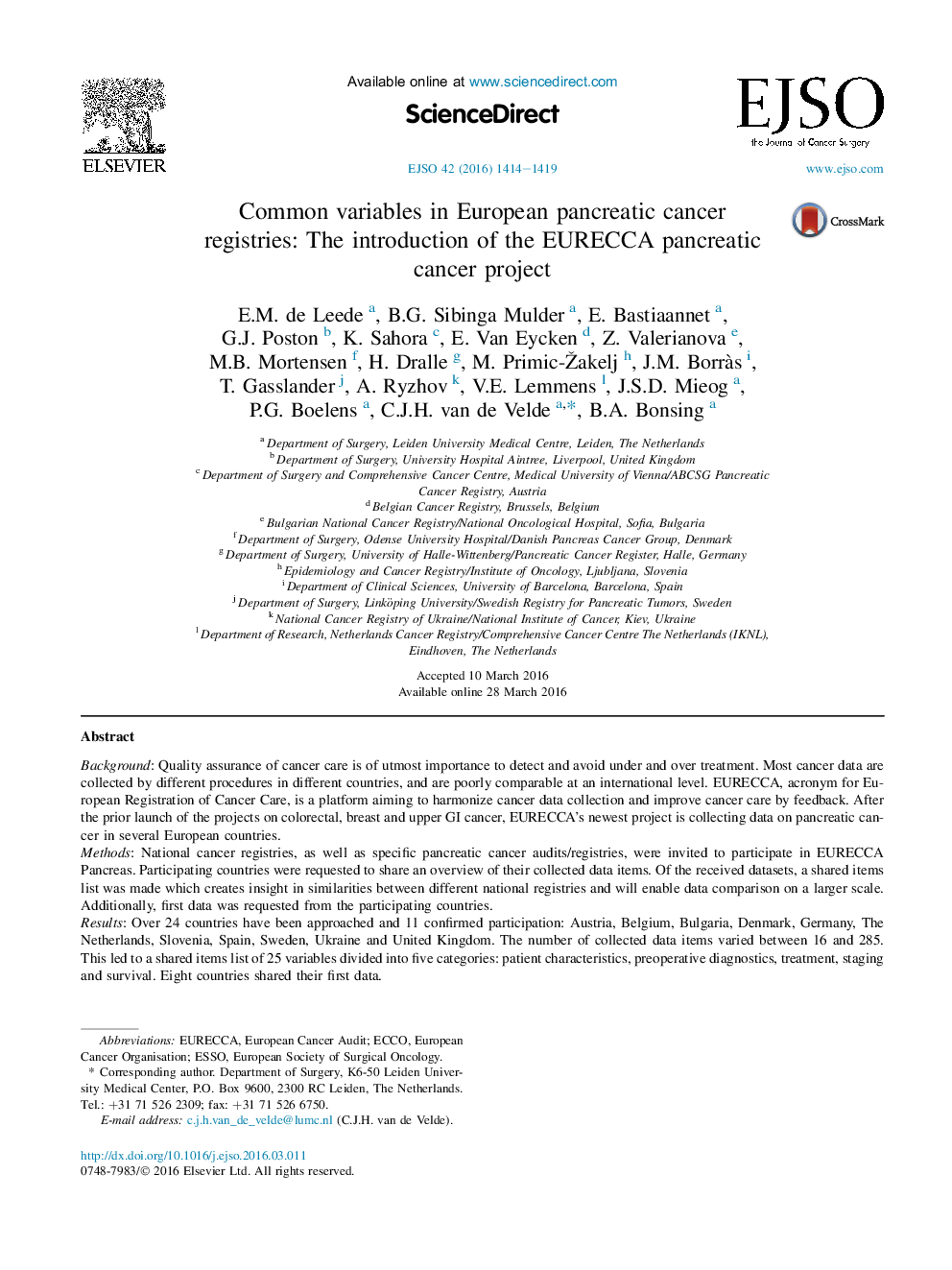 Common variables in European pancreatic cancer registries: The introduction of the EURECCA pancreatic cancer project