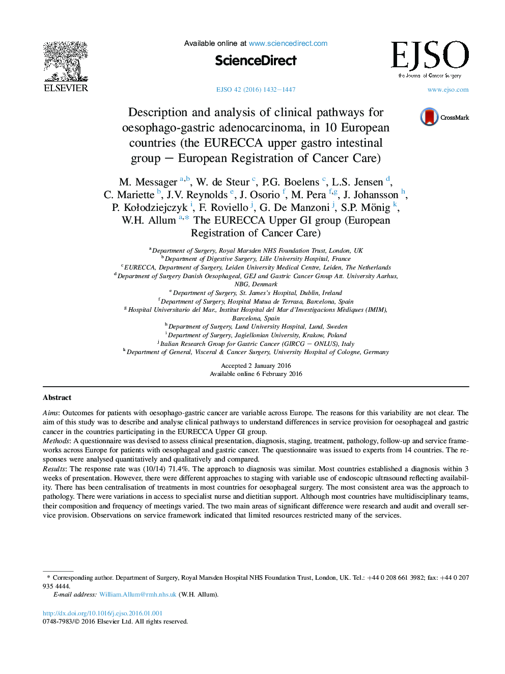 Description and analysis of clinical pathways for oesophago-gastric adenocarcinoma, in 10 European countries (the EURECCA upper gastro intestinal group – European Registration of Cancer Care)