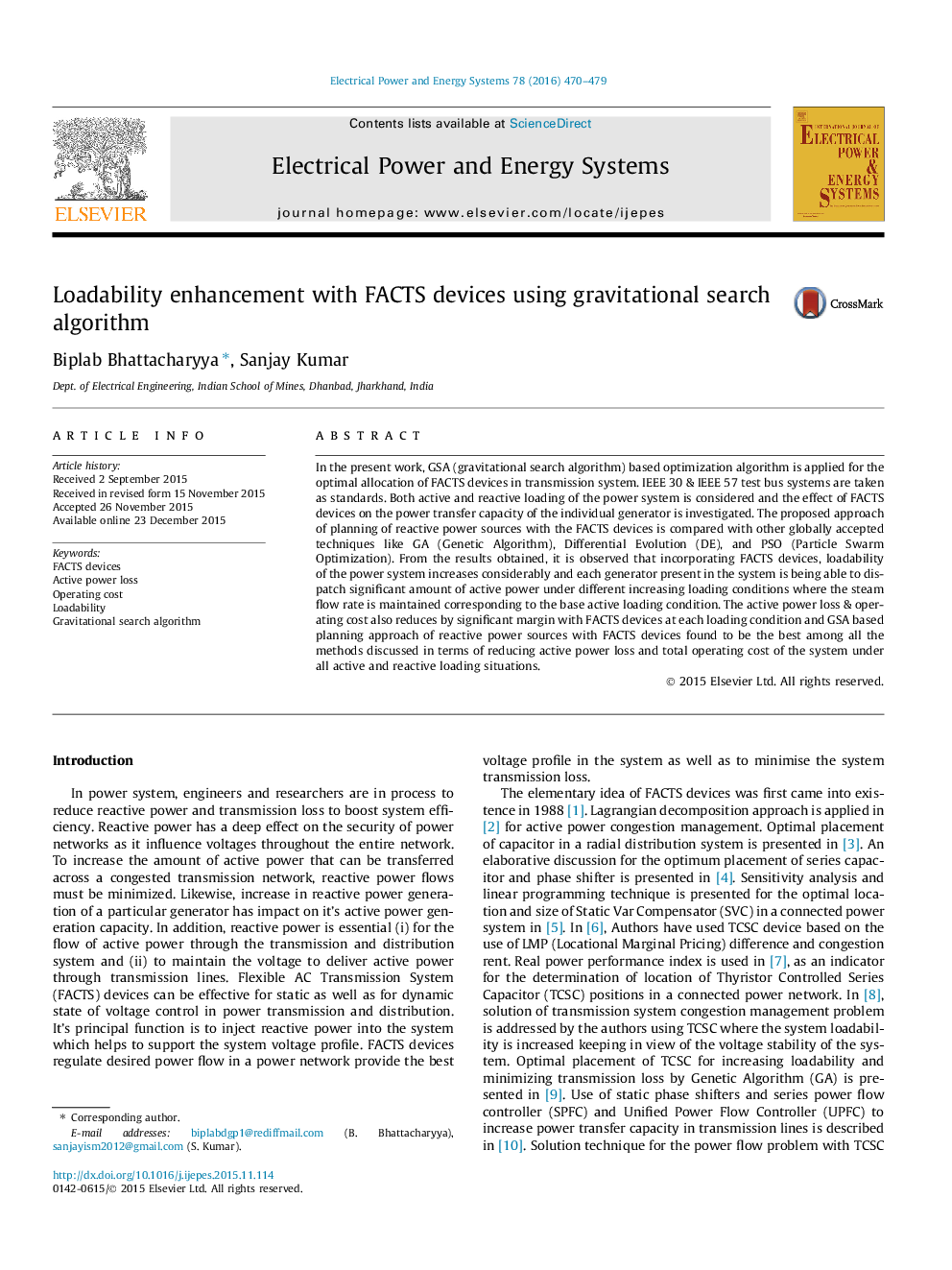 عکس صفحه اول مقاله: Loadability enhancement with FACTS devices using gravitational search algorithm Loadability enhancement with FACTS devices using gravitational search algorithm