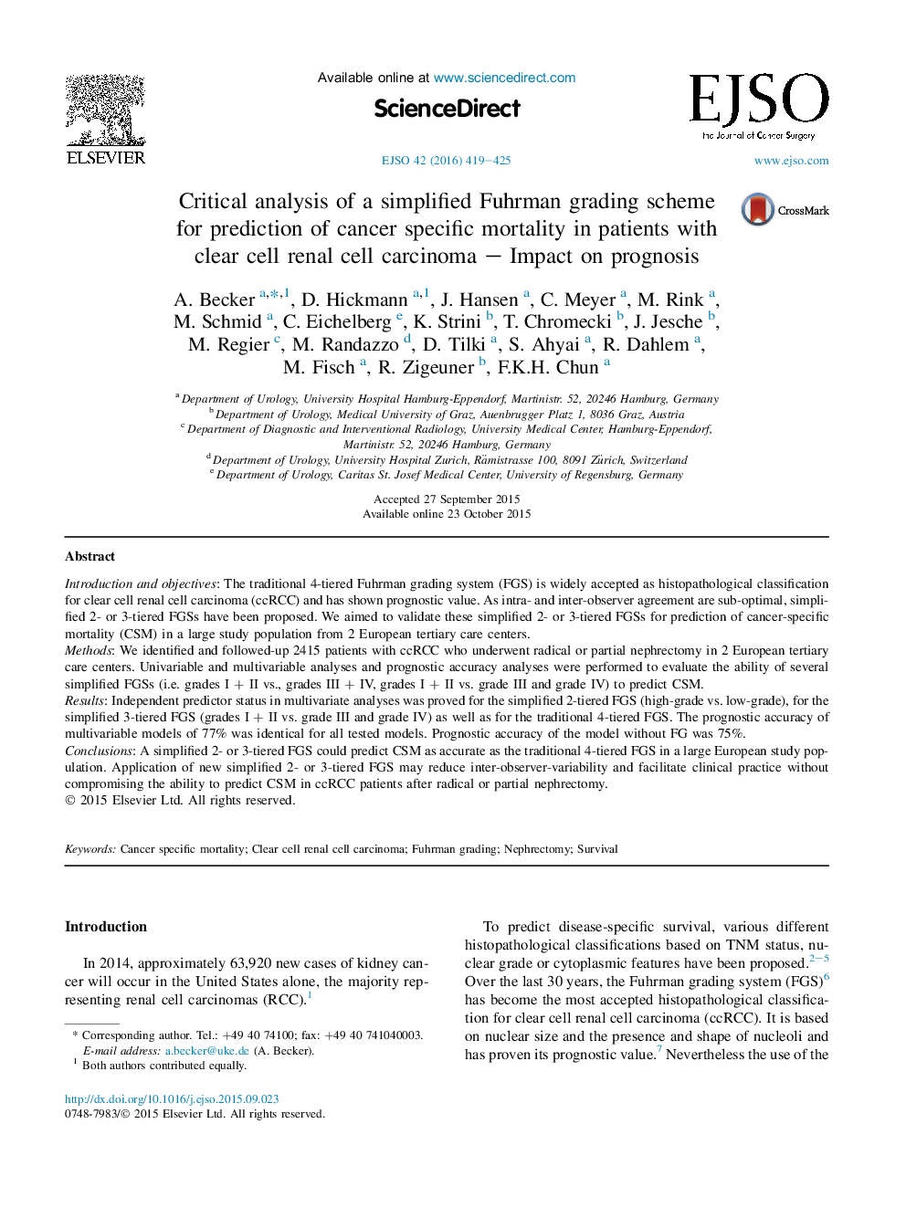 Critical analysis of a simplified Fuhrman grading scheme for prediction of cancer specific mortality in patients with clear cell renal cell carcinoma – Impact on prognosis