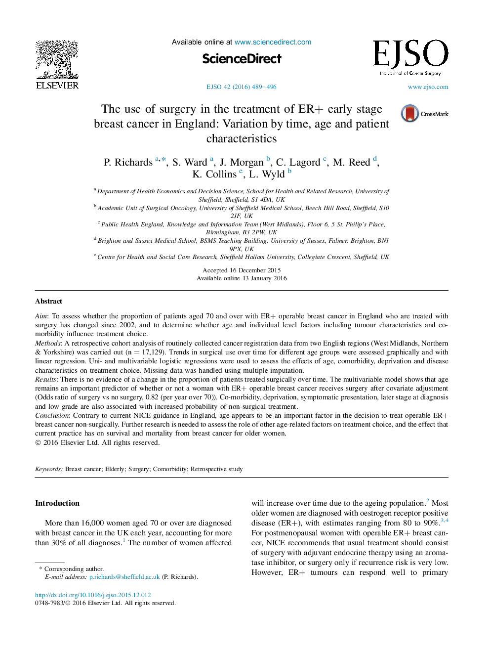 The use of surgery in the treatment of ER+ early stage breast cancer in England: Variation by time, age and patient characteristics