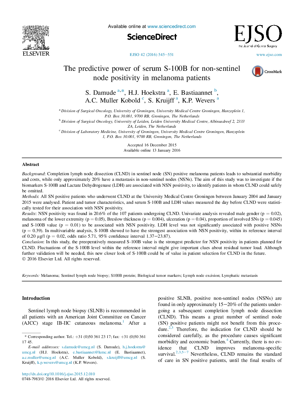 The predictive power of serum S-100B for non-sentinel node positivity in melanoma patients