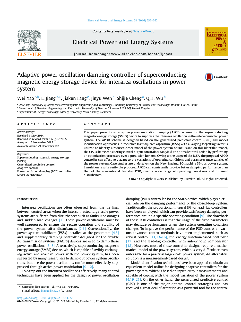 Adaptive power oscillation damping controller of superconducting magnetic energy storage device for interarea oscillations in power system