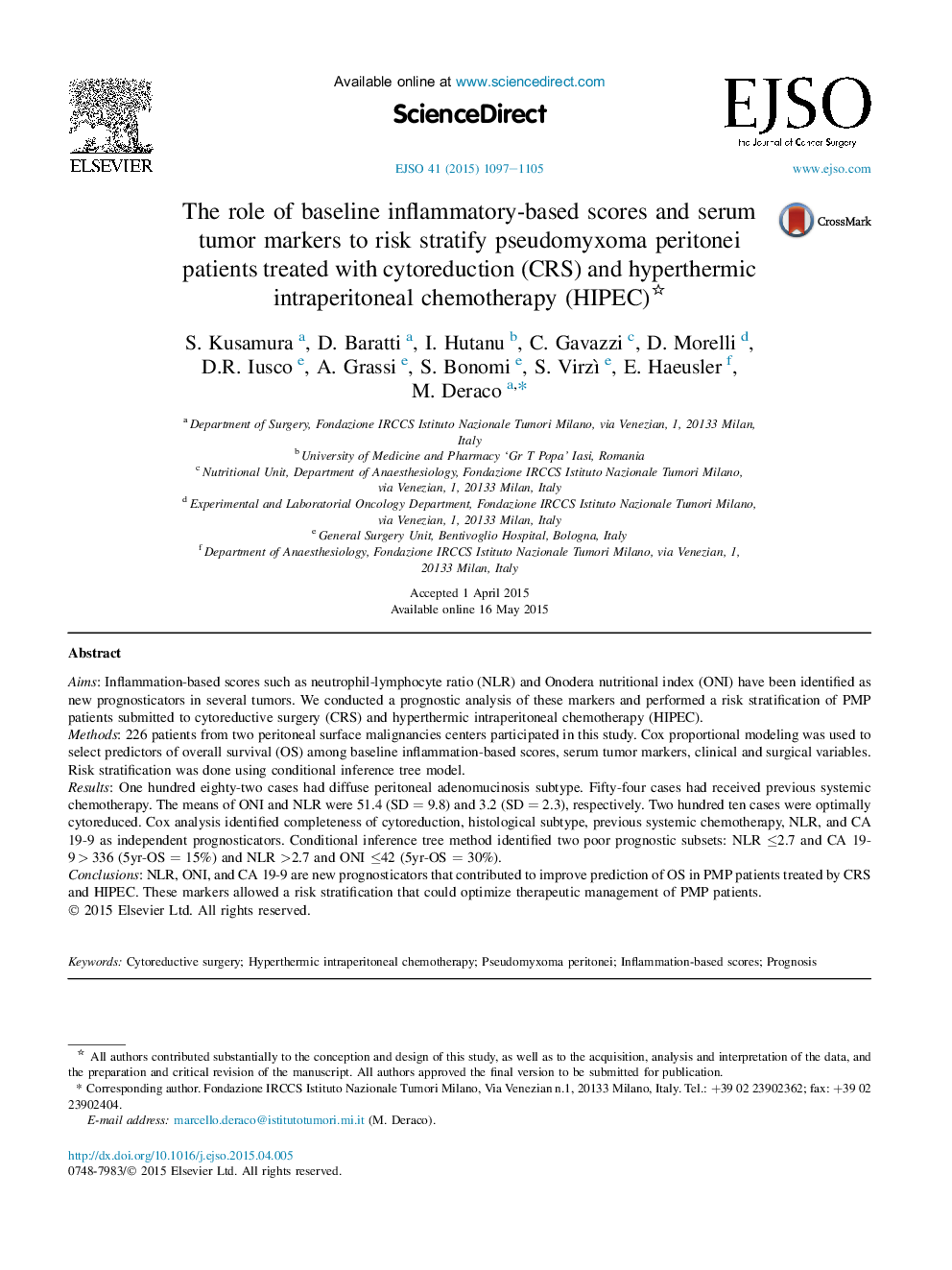 The role of baseline inflammatory-based scores and serum tumor markers to risk stratify pseudomyxoma peritonei patients treated with cytoreduction (CRS) and hyperthermic intraperitoneal chemotherapy (HIPEC) 