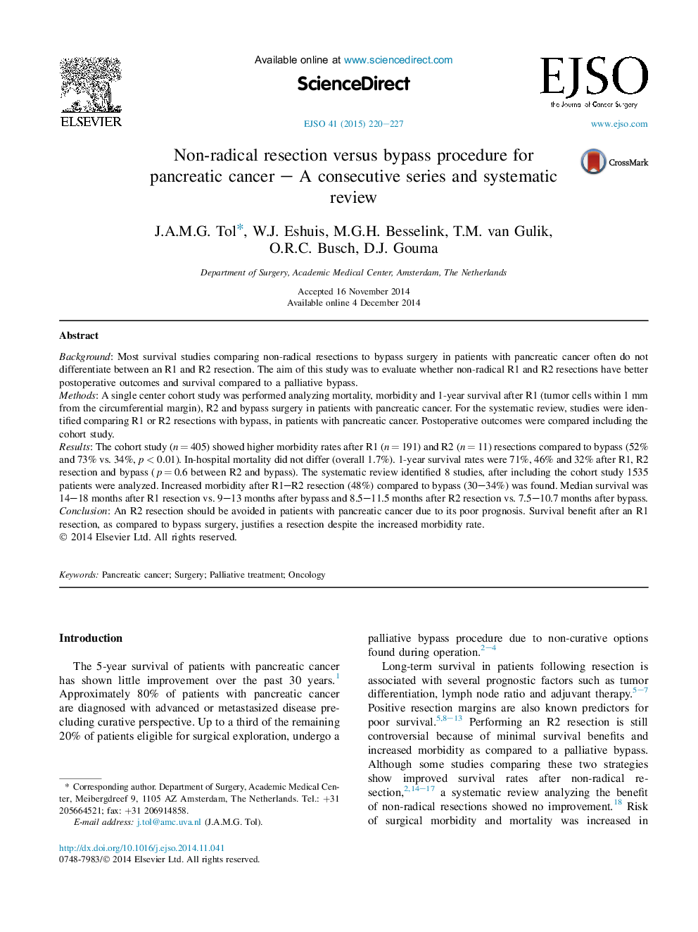 Non-radical resection versus bypass procedure for pancreatic cancer – A consecutive series and systematic review