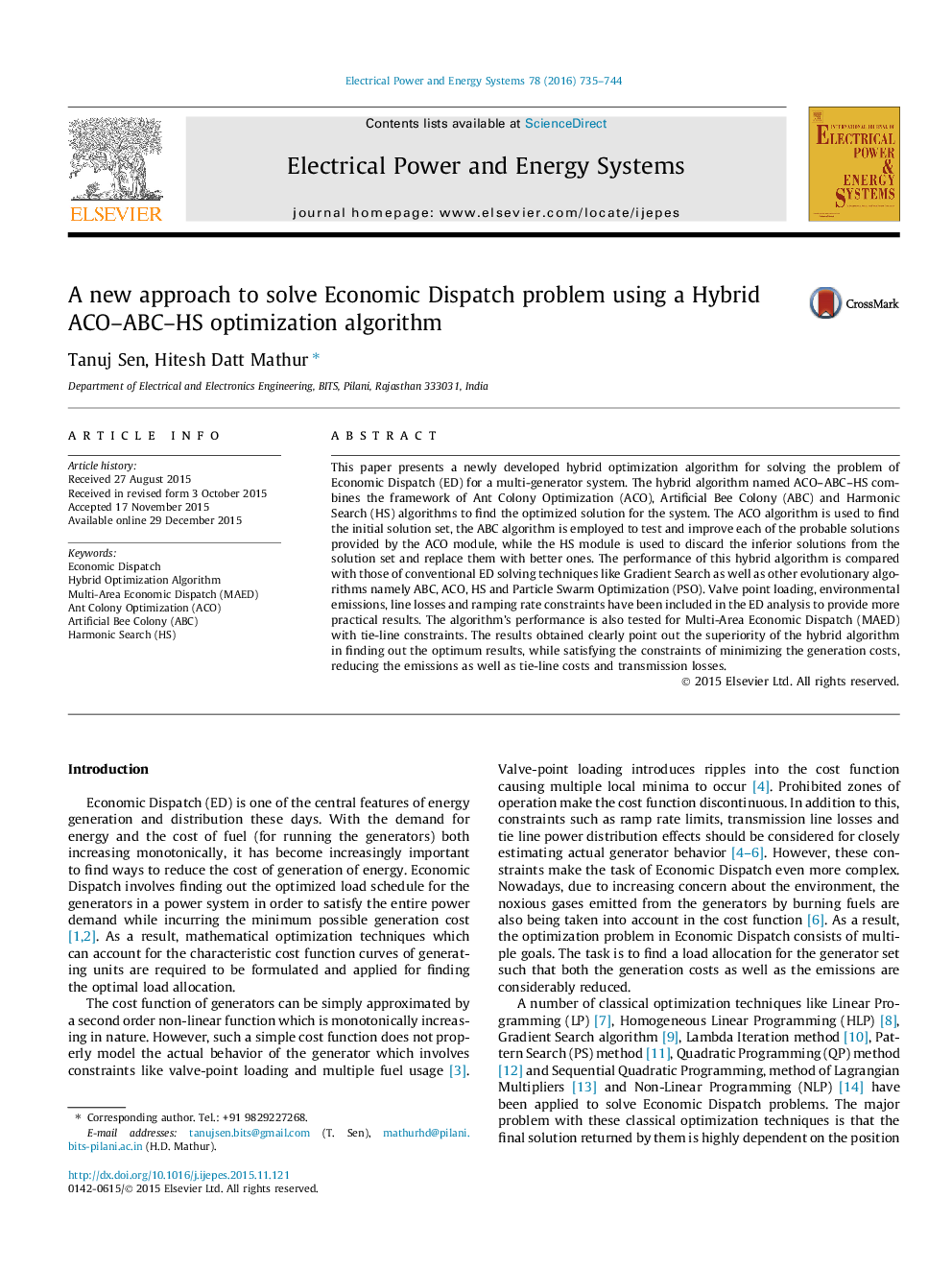 A new approach to solve Economic Dispatch problem using a Hybrid ACO–ABC–HS optimization algorithm