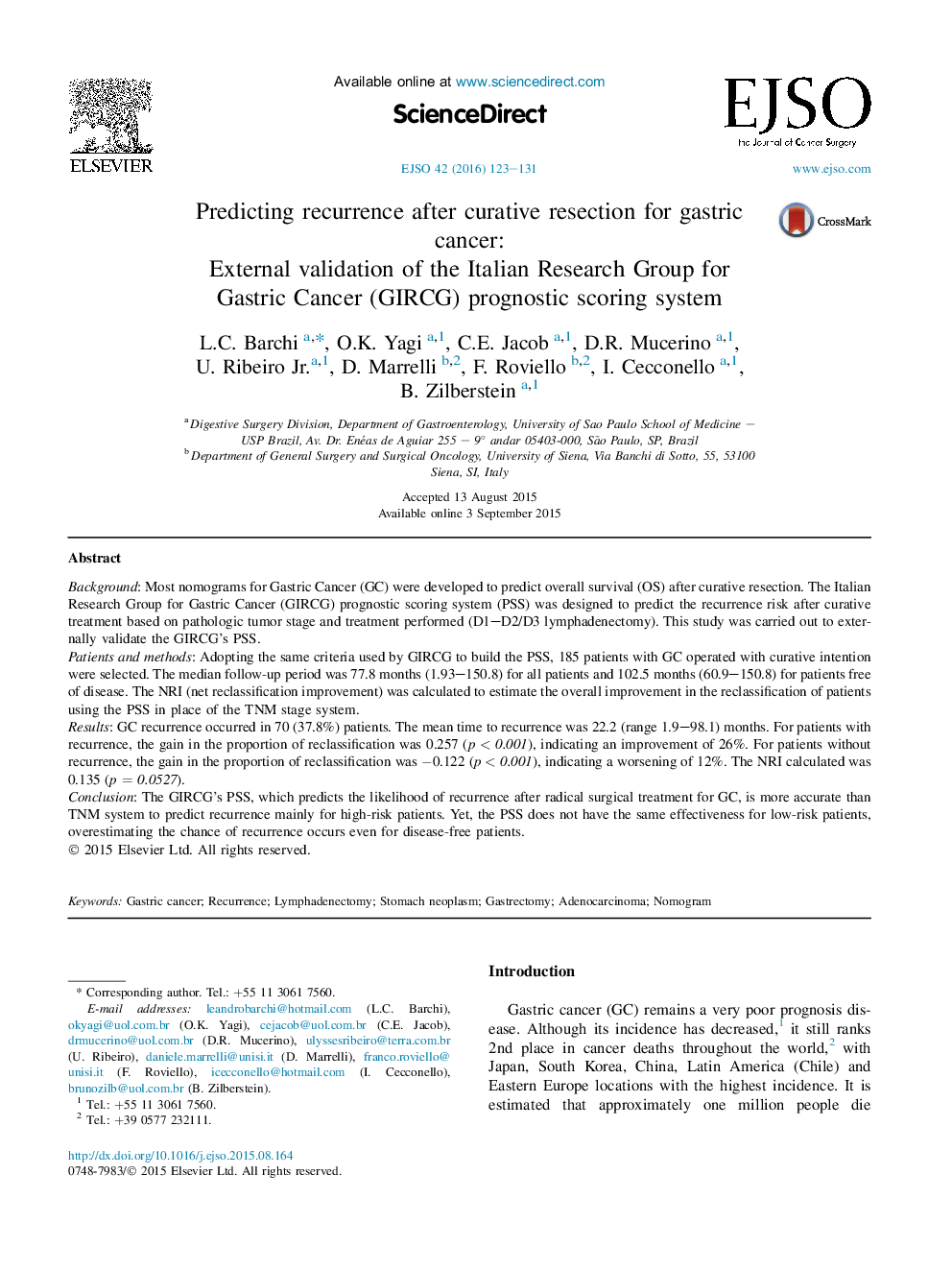 Predicting recurrence after curative resection for gastric cancer: External validation of the Italian Research Group for Gastric Cancer (GIRCG) prognostic scoring system