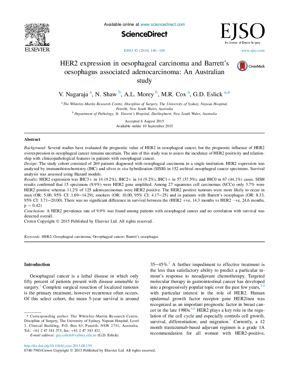 HER2 expression in oesophageal carcinoma and Barrett's oesophagus associated adenocarcinoma: An Australian study