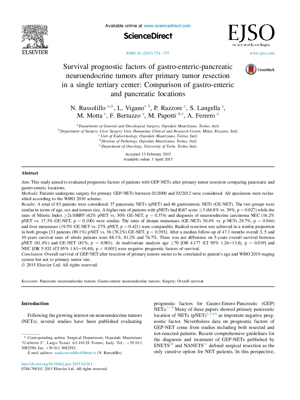 Survival prognostic factors of gastro-enteric-pancreatic neuroendocrine tumors after primary tumor resection in a single tertiary center: Comparison of gastro-enteric and pancreatic locations