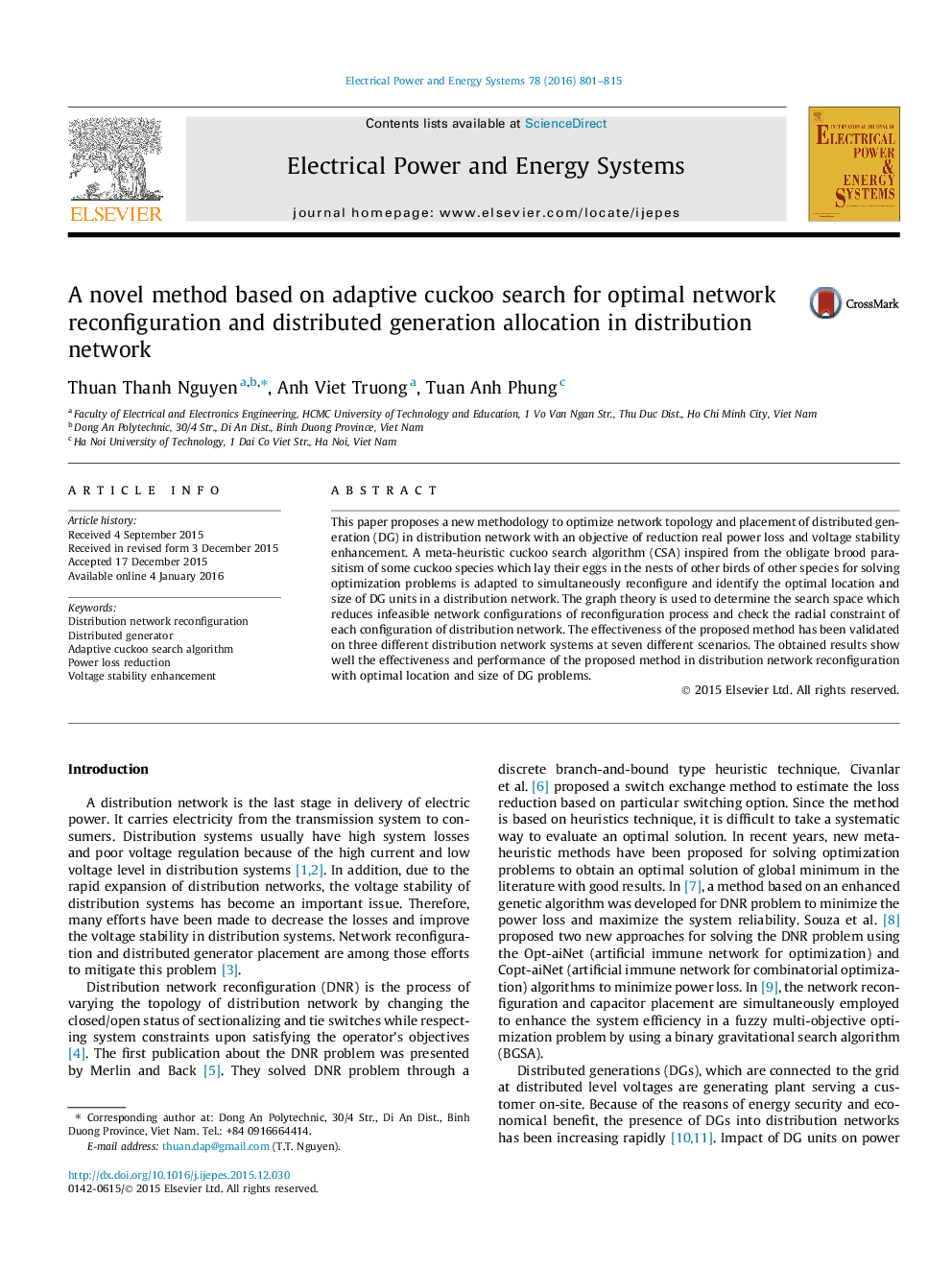 A novel method based on adaptive cuckoo search for optimal network reconfiguration and distributed generation allocation in distribution network