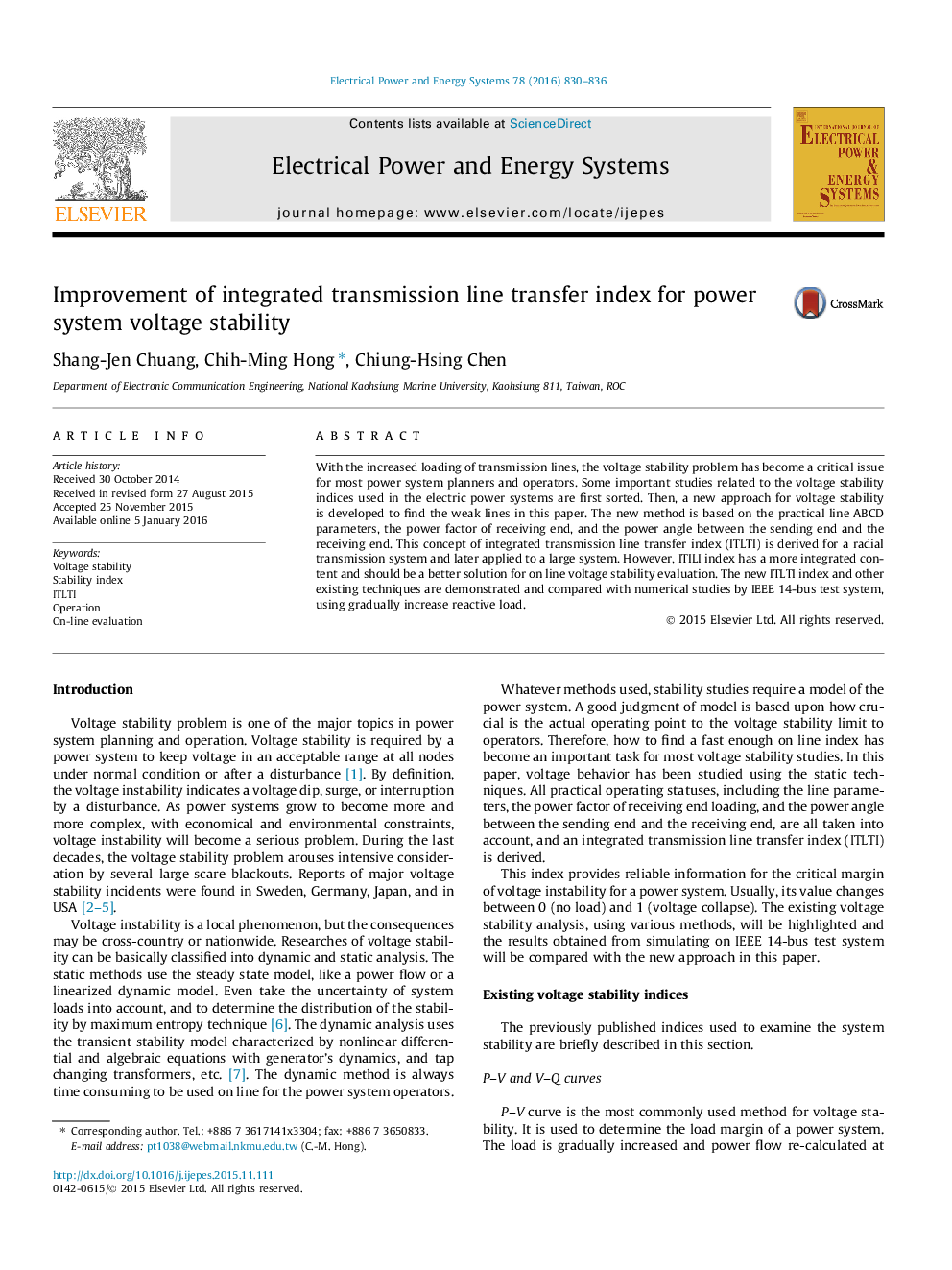 Improvement of integrated transmission line transfer index for power system voltage stability