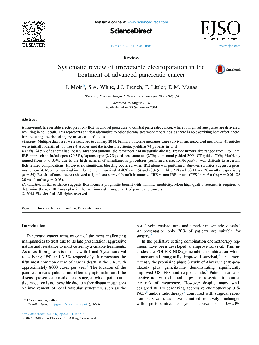 Systematic review of irreversible electroporation in the treatment of advanced pancreatic cancer