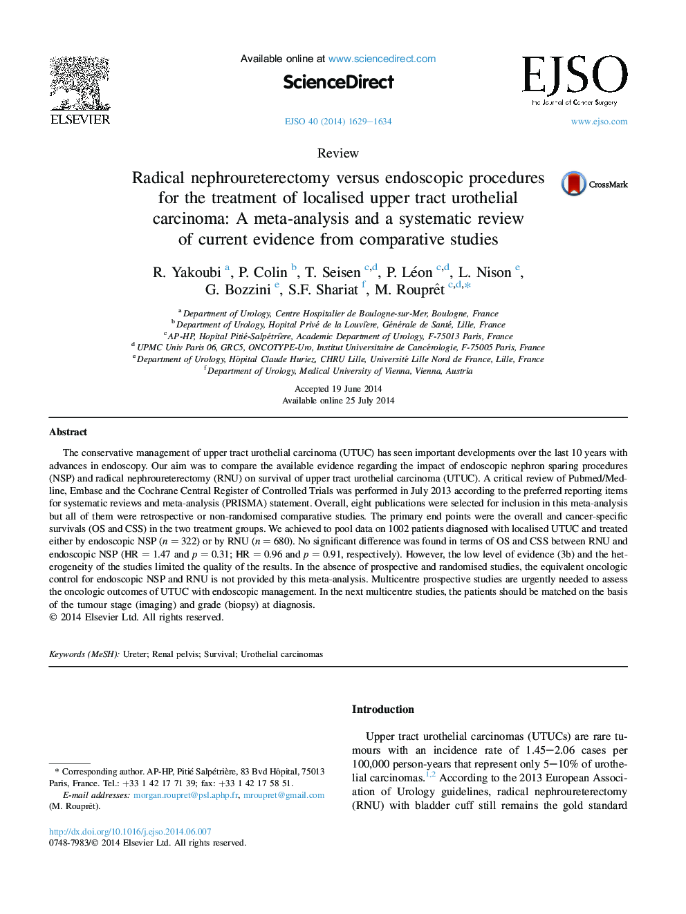 Radical nephroureterectomy versus endoscopic procedures for the treatment of localised upper tract urothelial carcinoma: A meta-analysis and a systematic review of current evidence from comparative studies