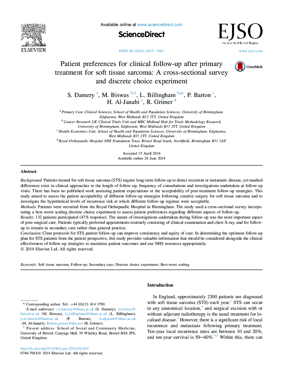 Patient preferences for clinical follow-up after primary treatment for soft tissue sarcoma: A cross-sectional survey and discrete choice experiment