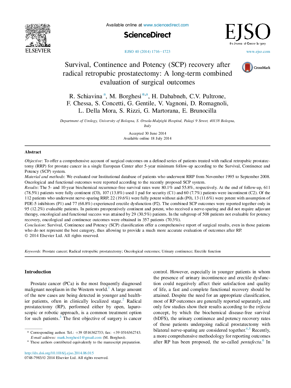 Survival, Continence and Potency (SCP) recovery after radical retropubic prostatectomy: A long-term combined evaluation of surgical outcomes