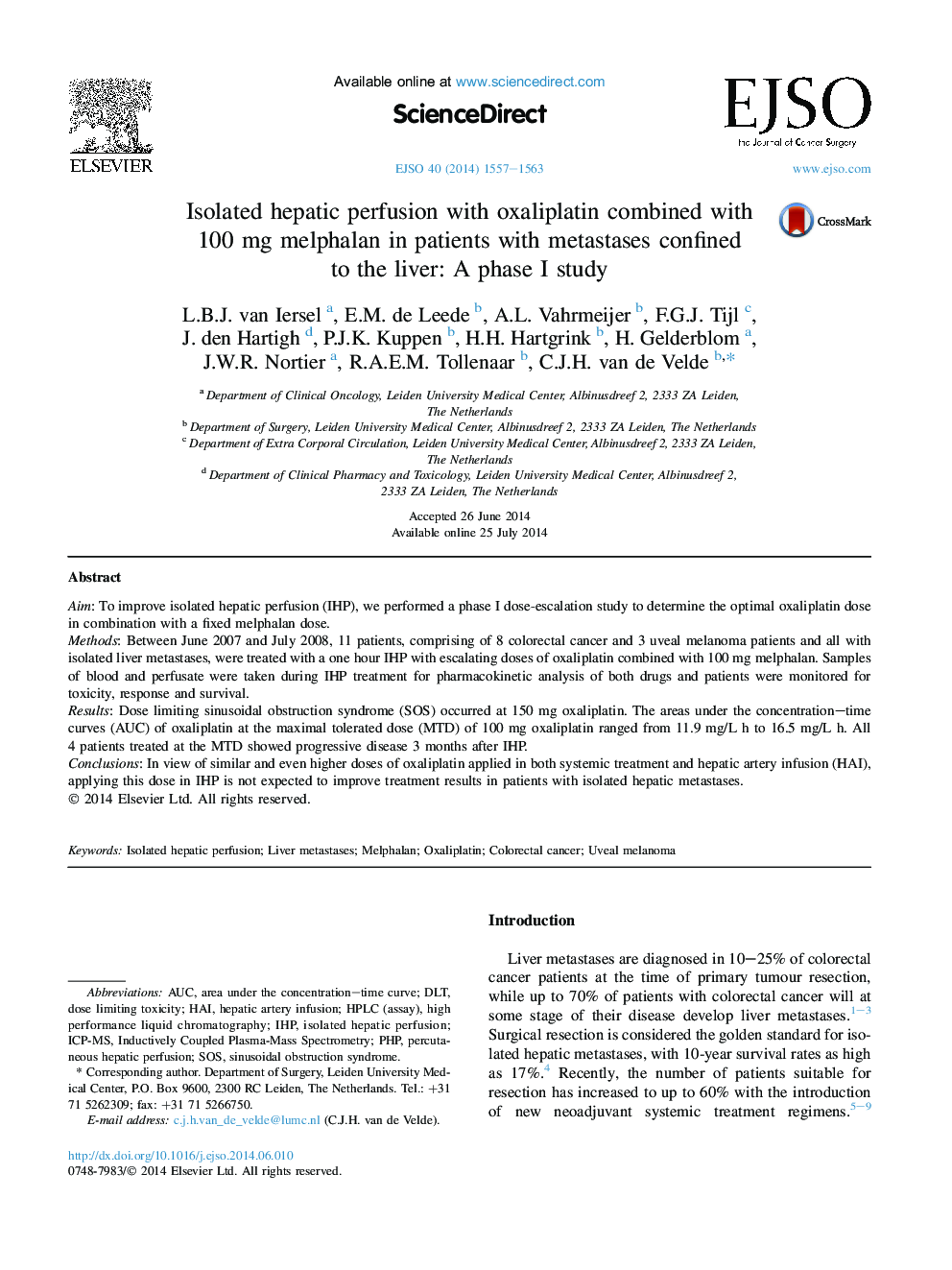 Isolated hepatic perfusion with oxaliplatin combined with 100 mg melphalan in patients with metastases confined to the liver: A phase I study