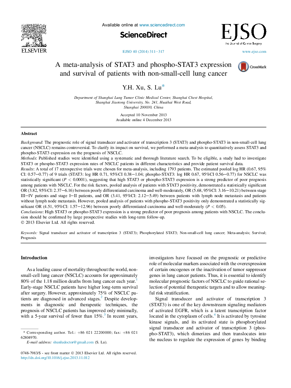 A meta-analysis of STAT3 and phospho-STAT3 expression and survival of patients with non-small-cell lung cancer