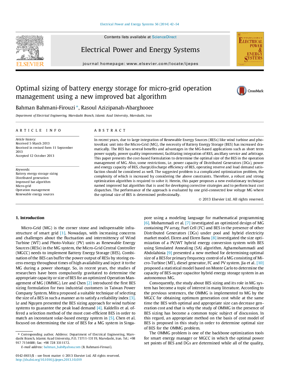 Optimal sizing of battery energy storage for micro-grid operation management using a new improved bat algorithm