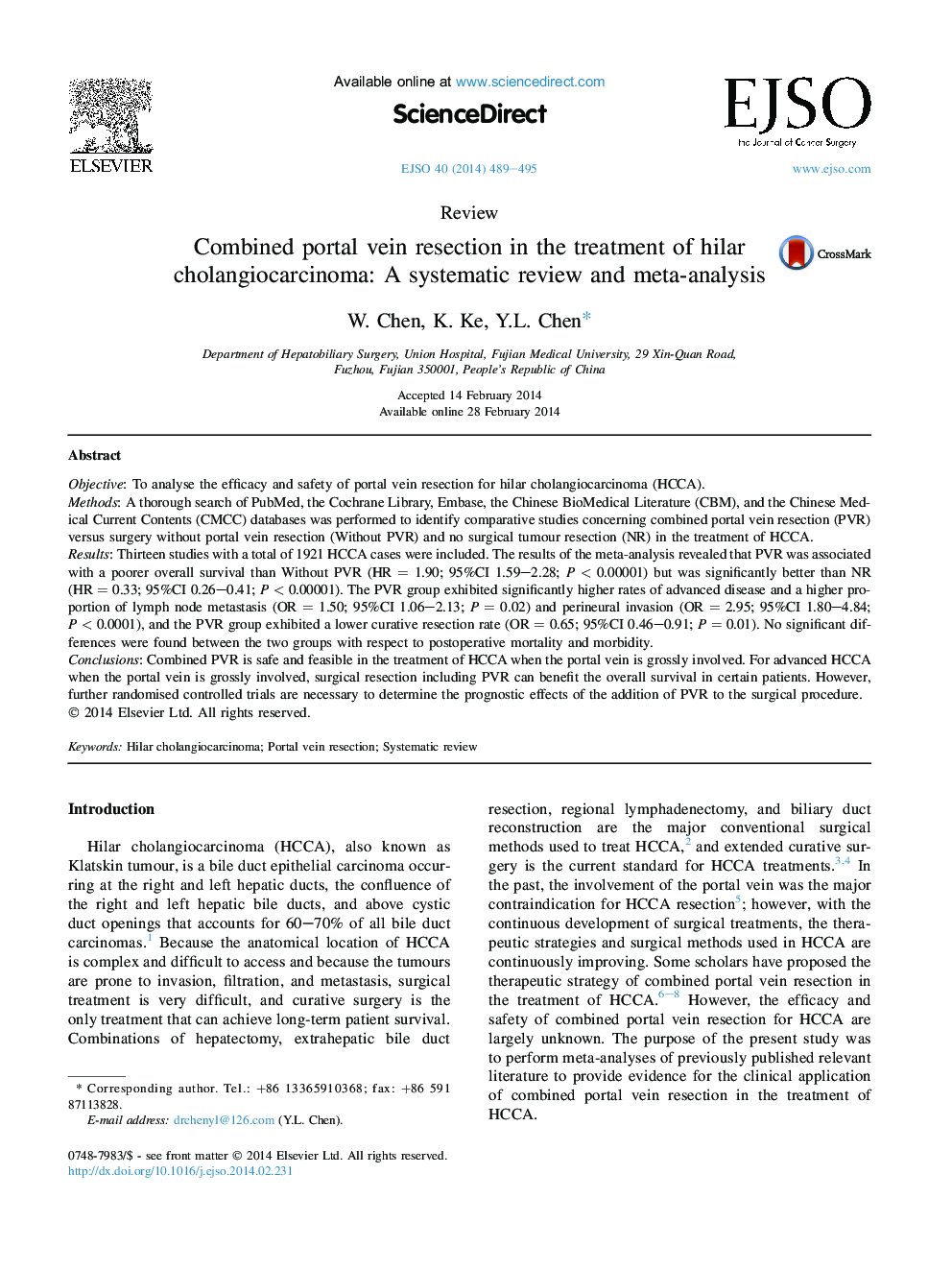 Combined portal vein resection in the treatment of hilar cholangiocarcinoma: A systematic review and meta-analysis