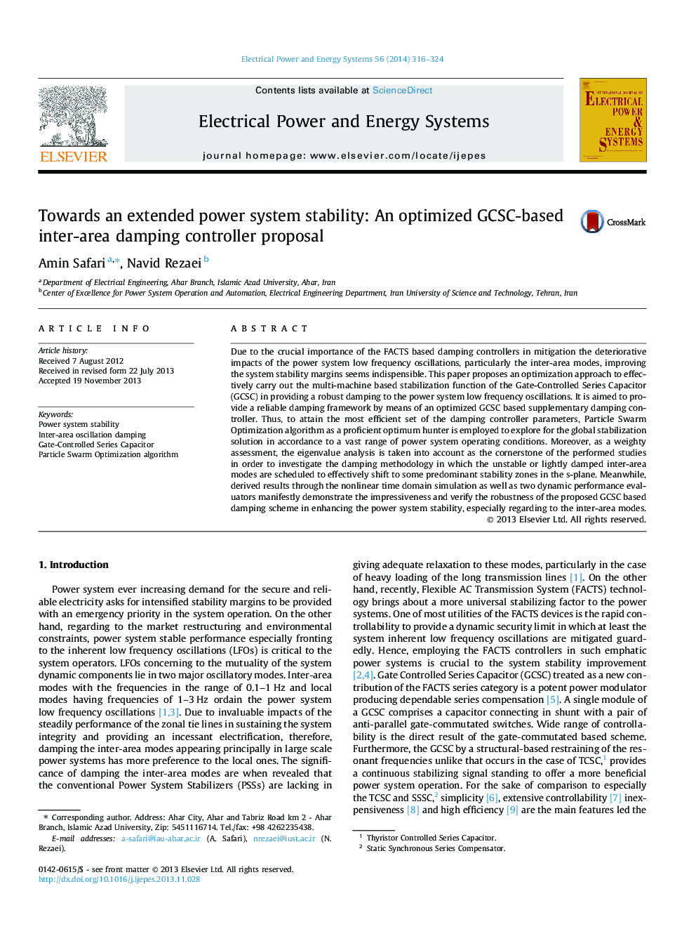 Towards an extended power system stability: An optimized GCSC-based inter-area damping controller proposal