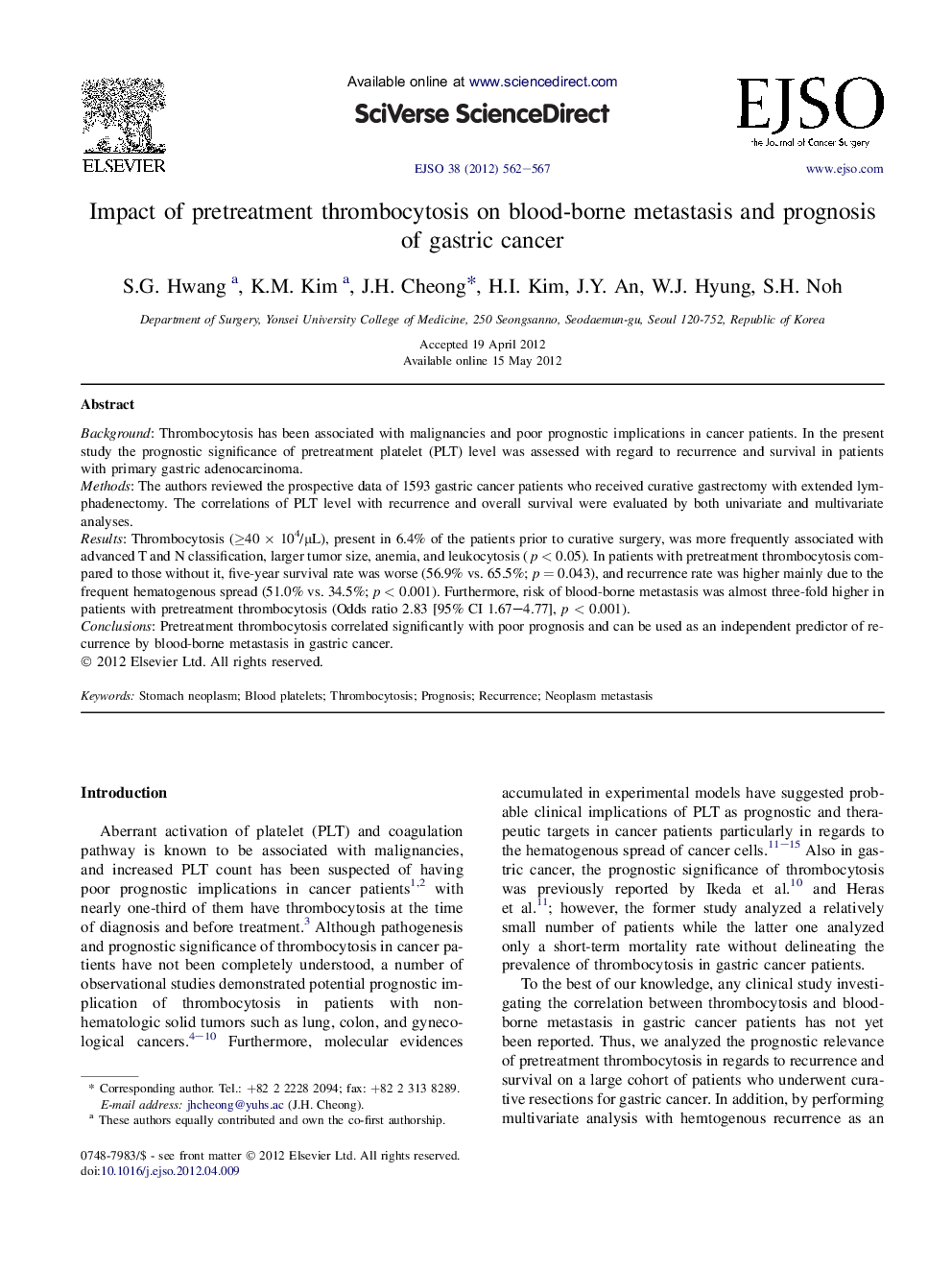 Impact of pretreatment thrombocytosis on blood-borne metastasis and prognosis of gastric cancer