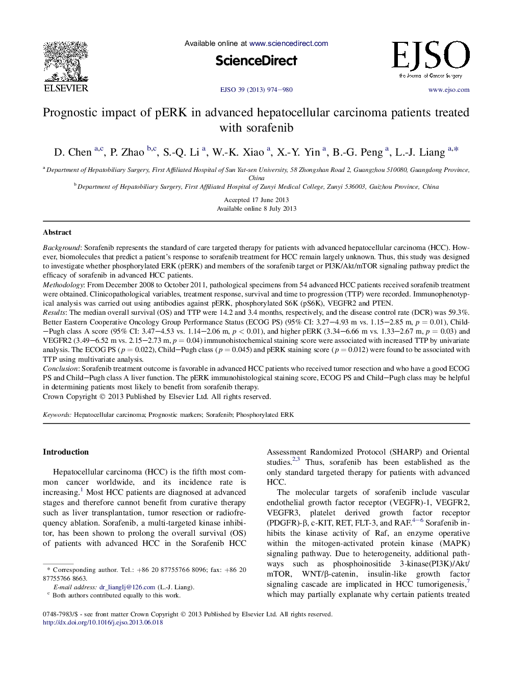 Prognostic impact of pERK in advanced hepatocellular carcinoma patients treated with sorafenib