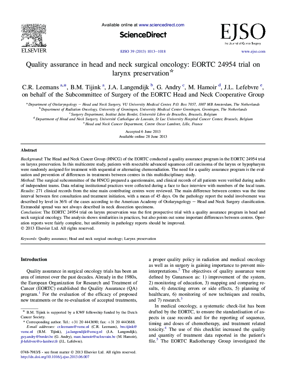 Quality assurance in head and neck surgical oncology: EORTC 24954 trial on larynx preservation 