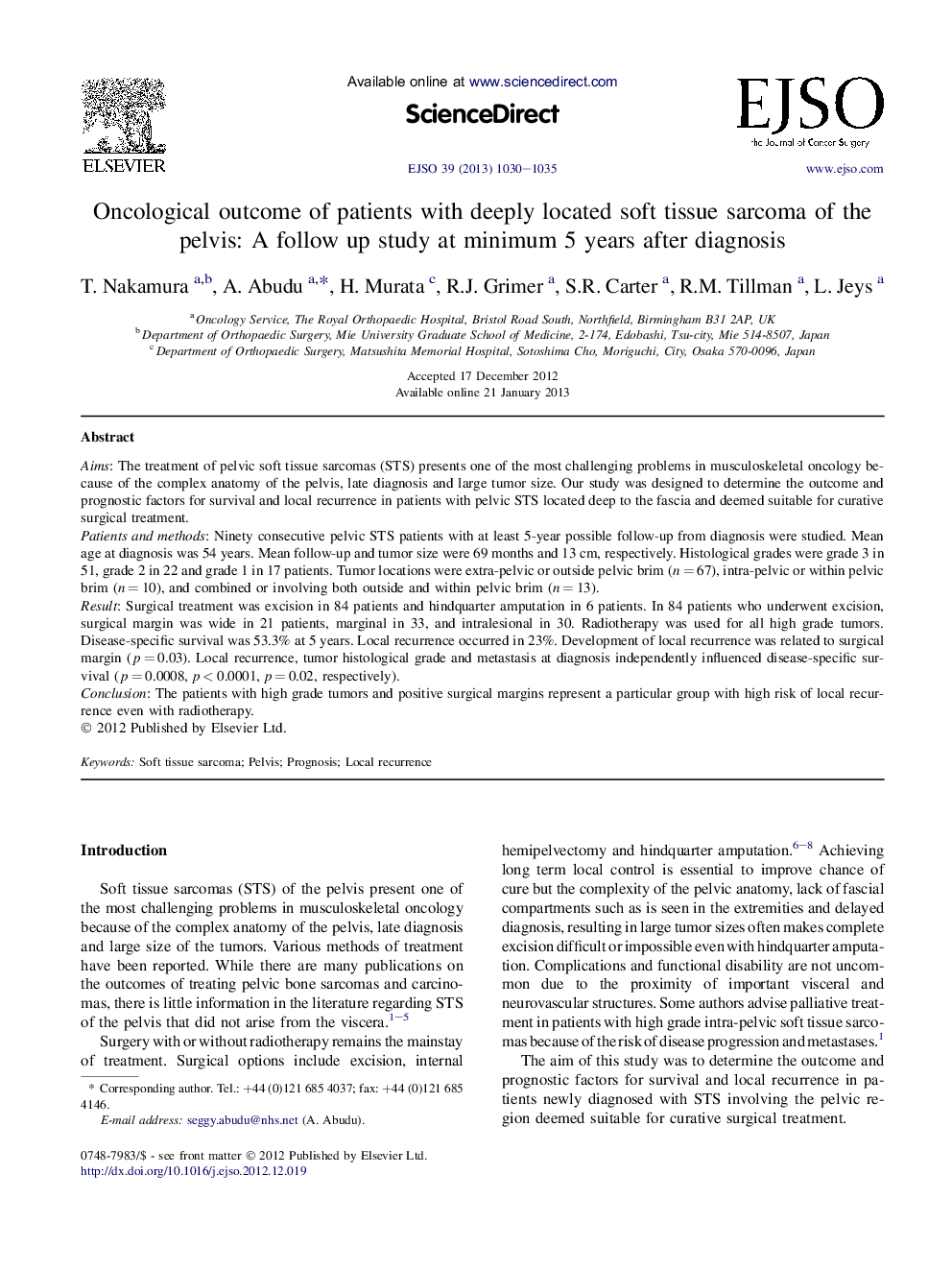 Oncological outcome of patients with deeply located soft tissue sarcoma of the pelvis: A follow up study at minimum 5 years after diagnosis