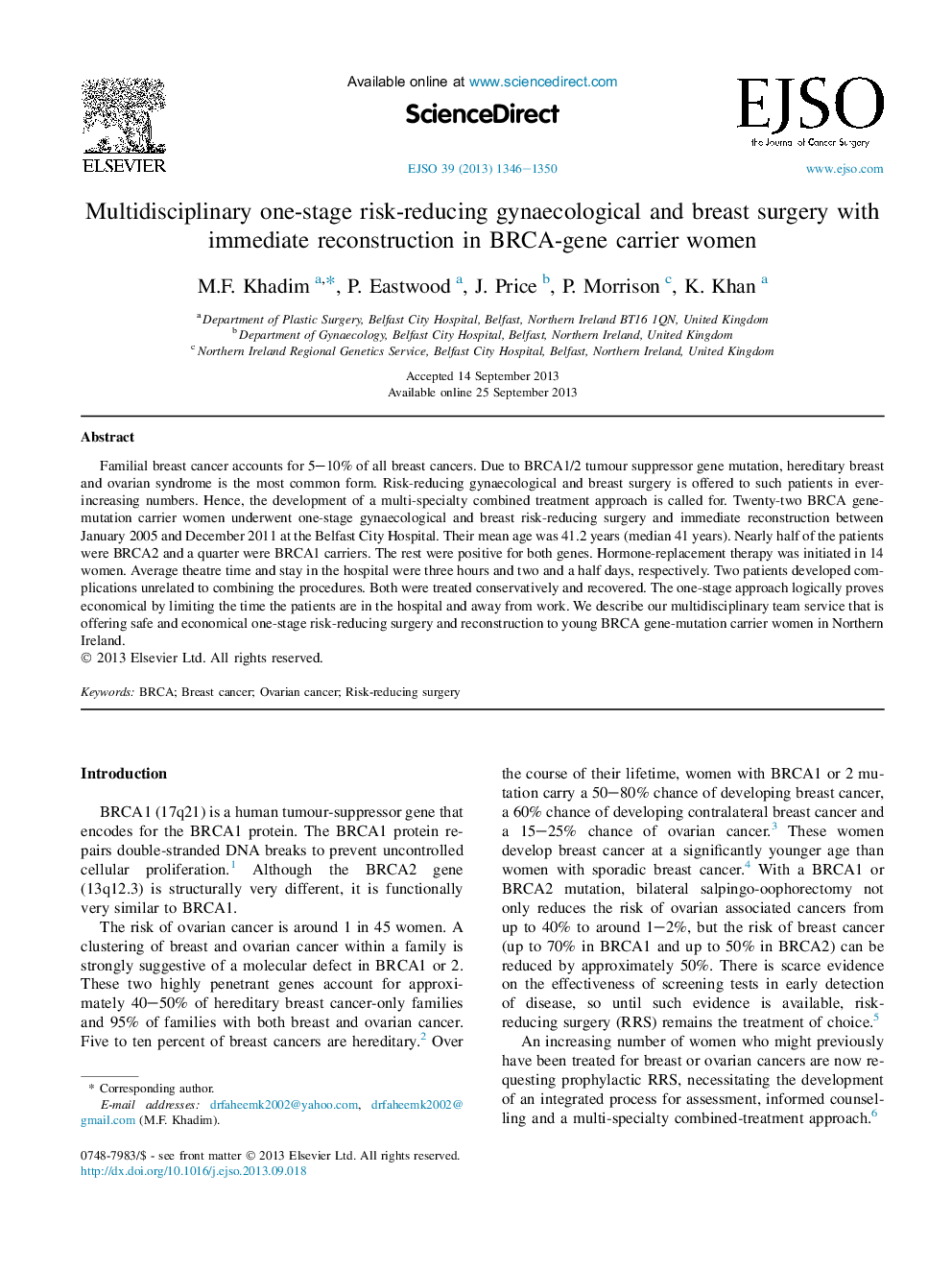 Multidisciplinary one-stage risk-reducing gynaecological and breast surgery with immediate reconstruction in BRCA-gene carrier women