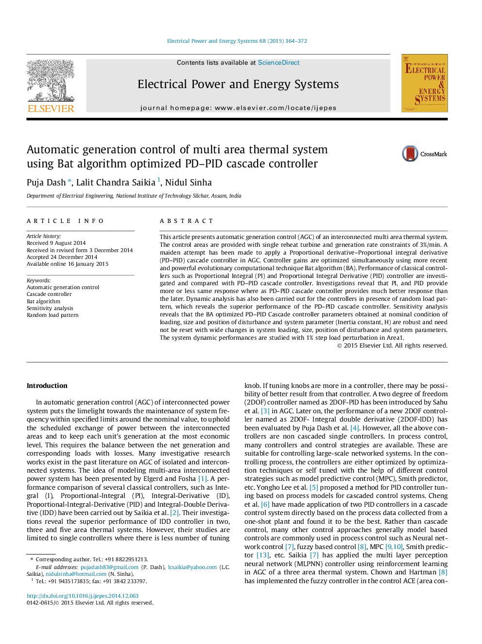 Automatic generation control of multi area thermal system using Bat algorithm optimized PD–PID cascade controller