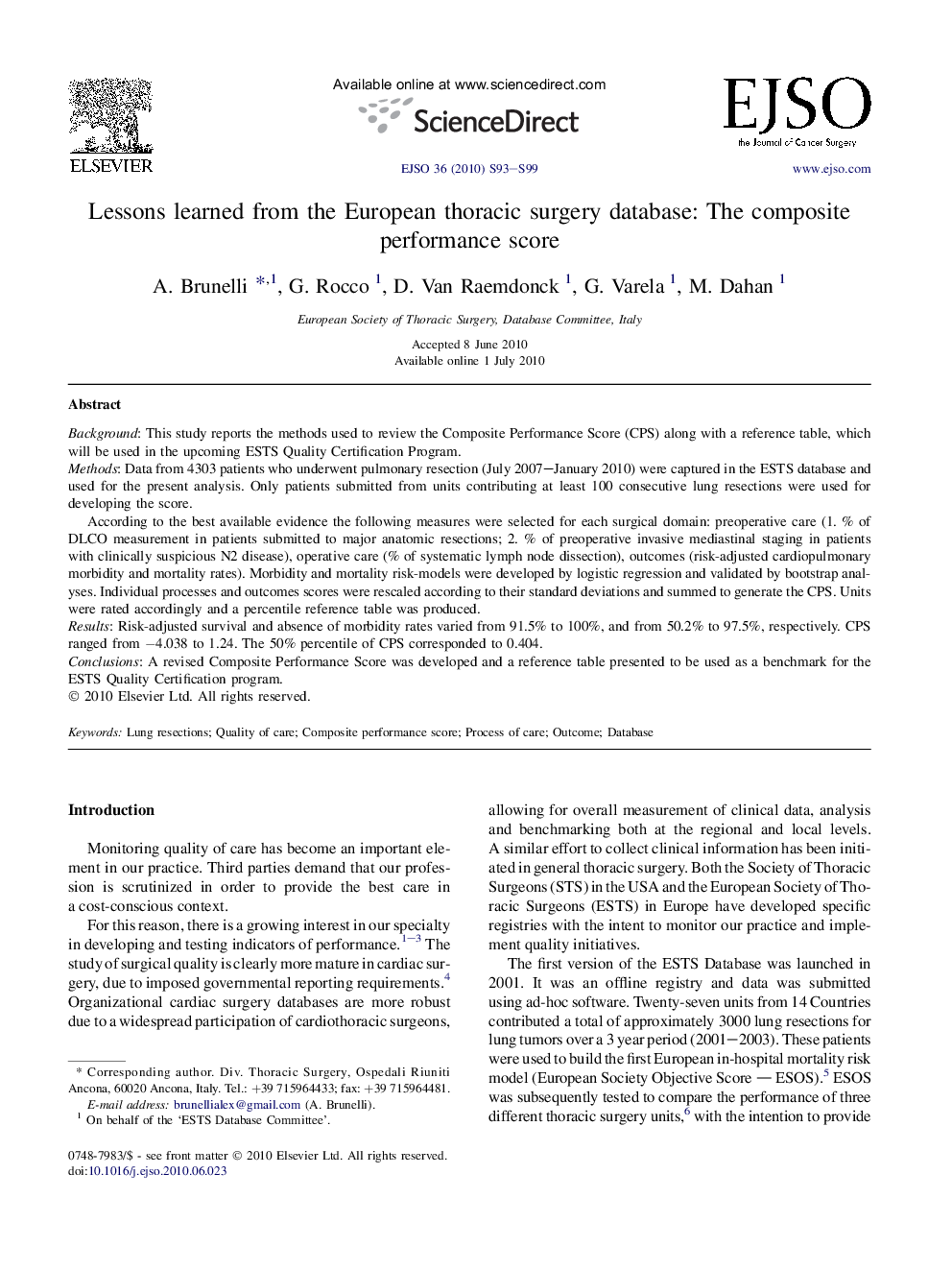 Lessons learned from the European thoracic surgery database: The composite performance score