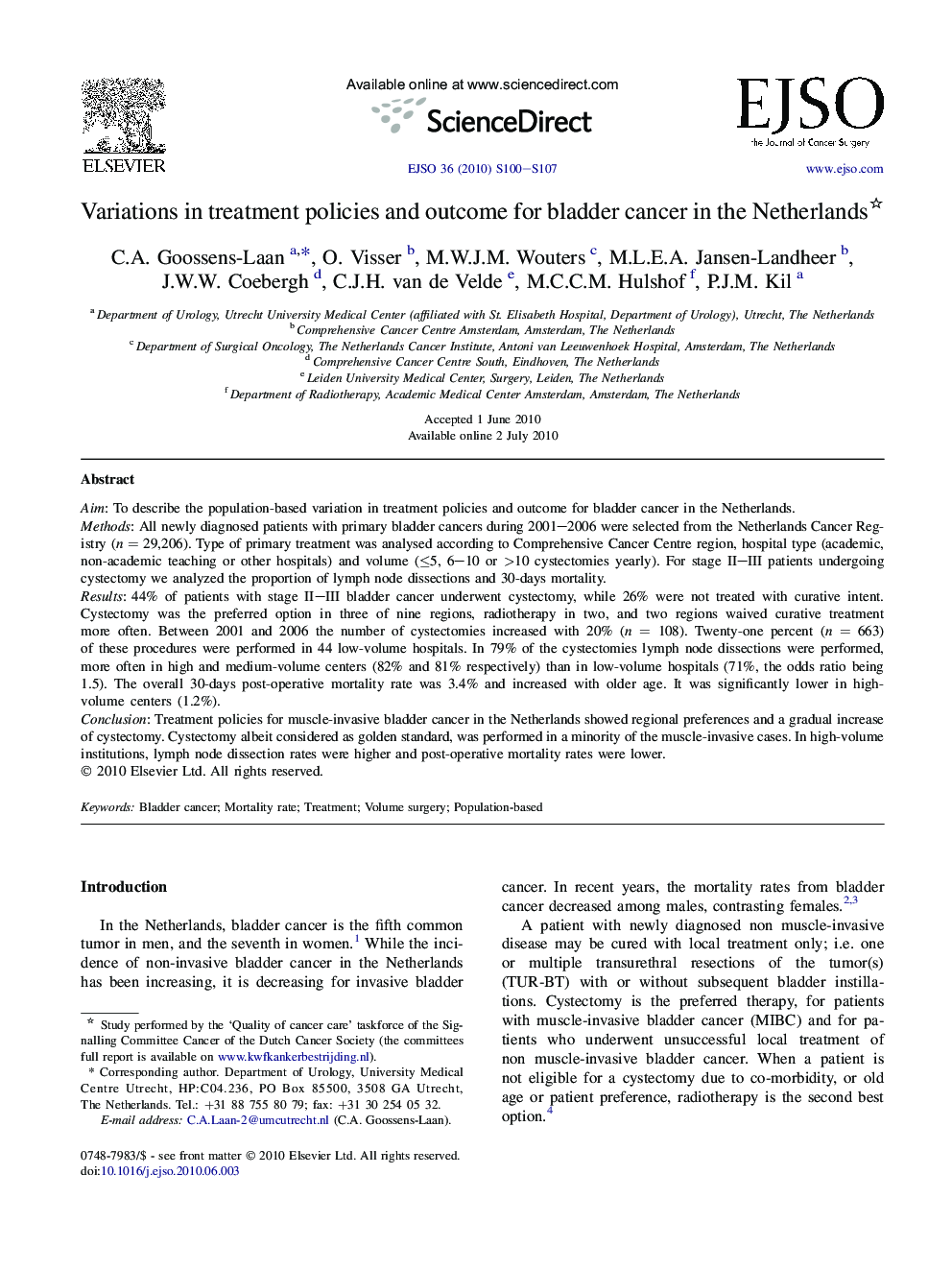 Variations in treatment policies and outcome for bladder cancer in the Netherlands 