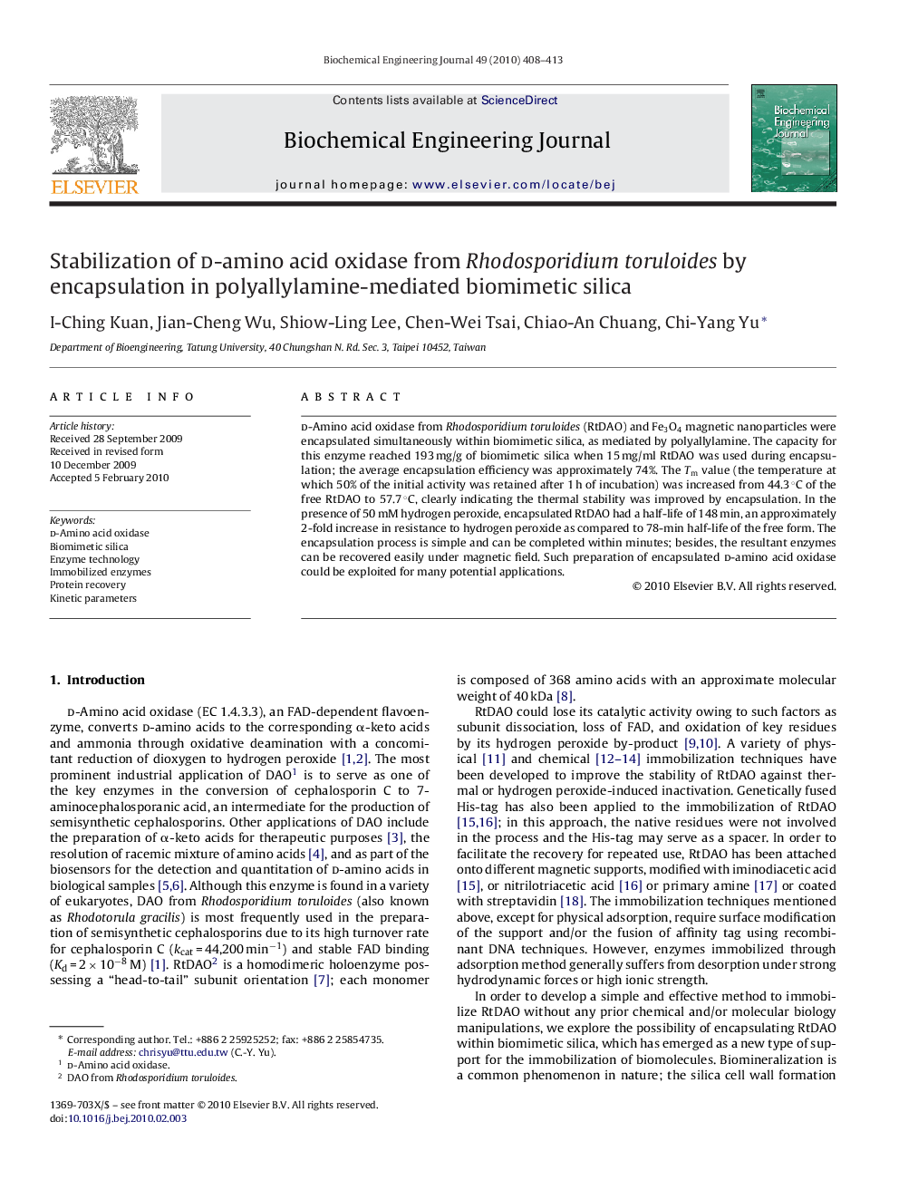 Stabilization of d-amino acid oxidase from Rhodosporidium toruloides by encapsulation in polyallylamine-mediated biomimetic silica