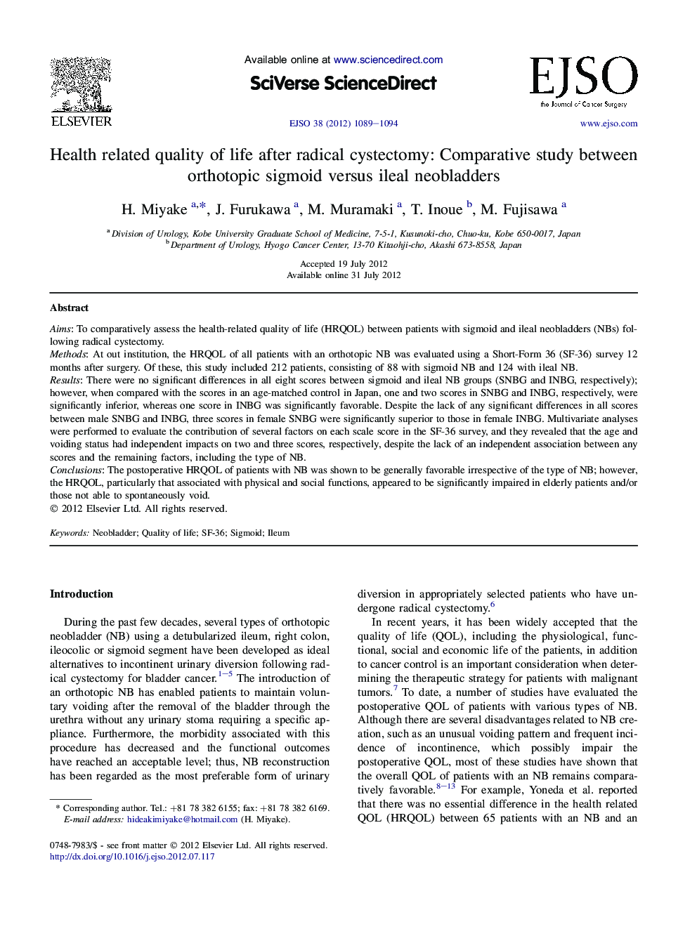 Health related quality of life after radical cystectomy: Comparative study between orthotopic sigmoid versus ileal neobladders