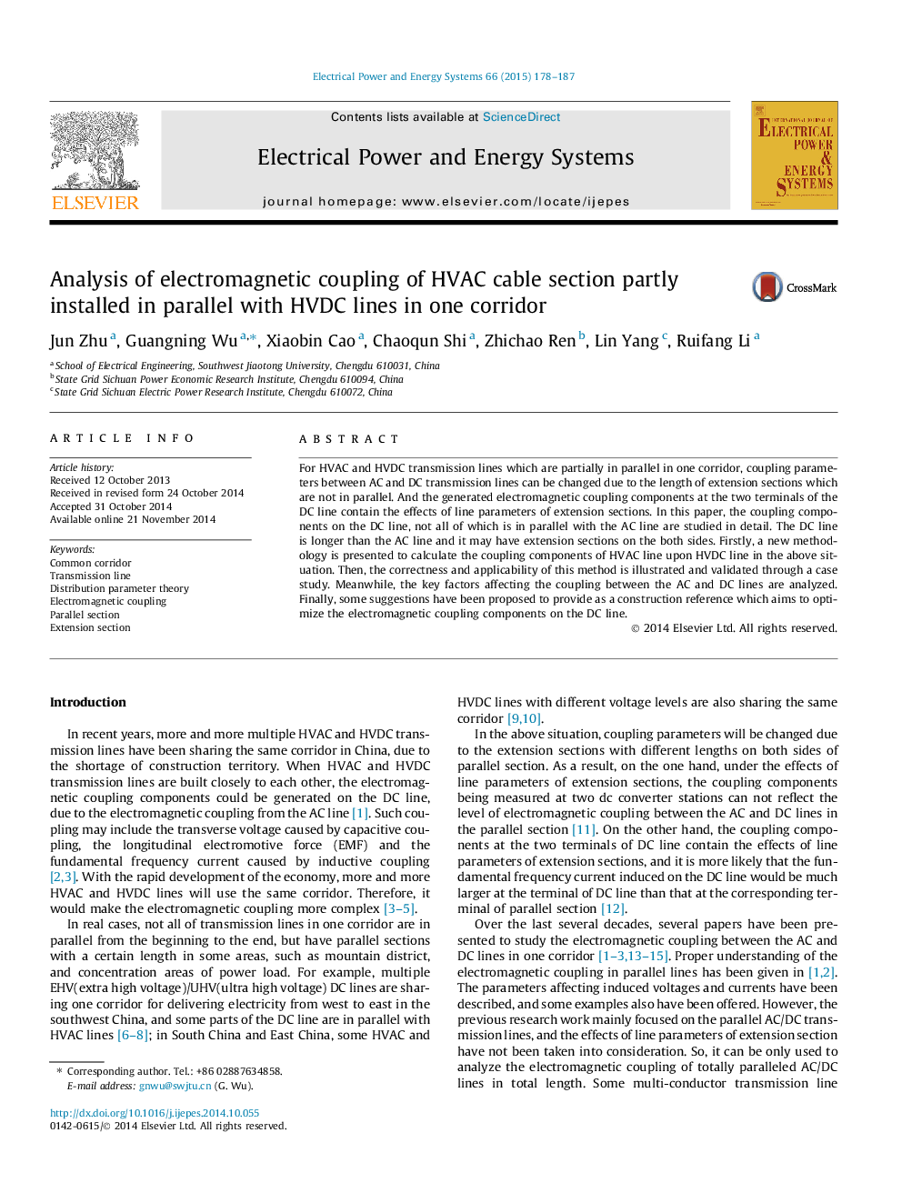 Analysis of electromagnetic coupling of HVAC cable section partly installed in parallel with HVDC lines in one corridor