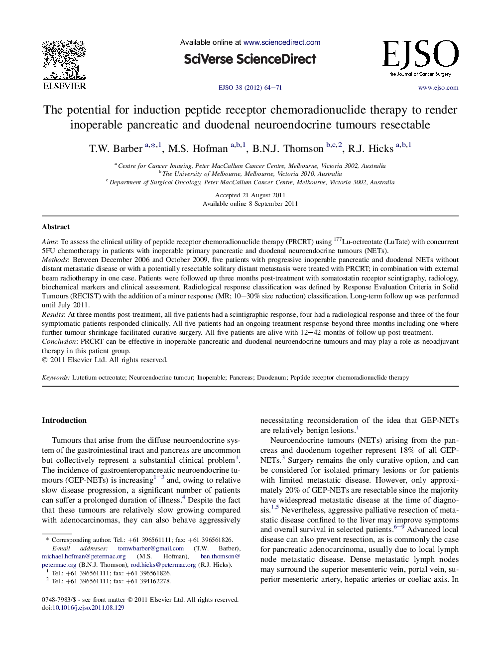 The potential for induction peptide receptor chemoradionuclide therapy to render inoperable pancreatic and duodenal neuroendocrine tumours resectable